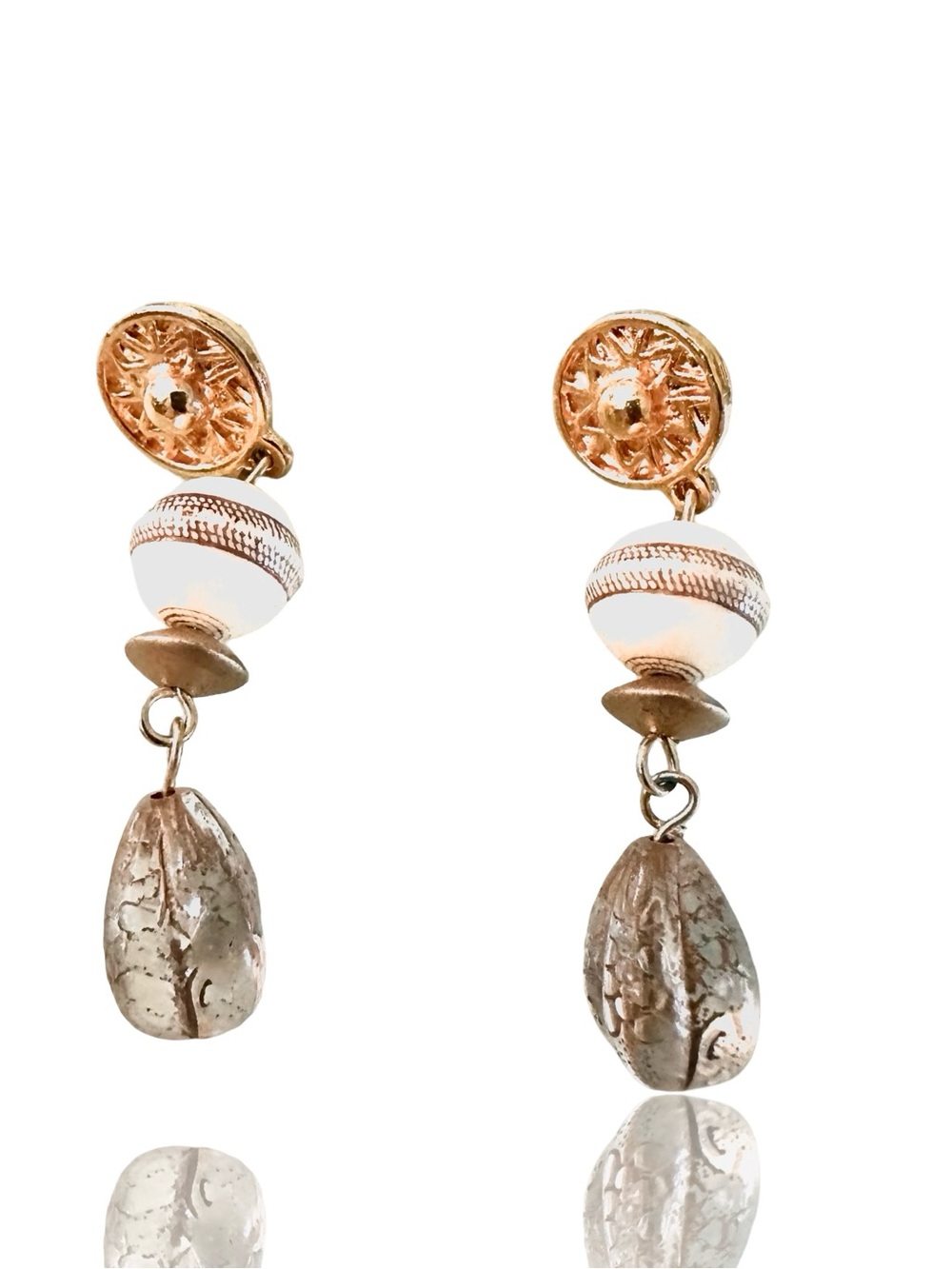 Unique Vintage Gold-Tone Drop Earrings with White Beads and Smoky Drops